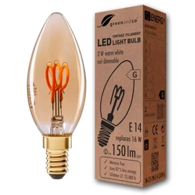 Imagen de Bombilla de filamento LED greenandco® Vintage E14 2W (corresponde a 16W) 150lm 2000K (blanco cálido) 360 230V vidrio, no regulable