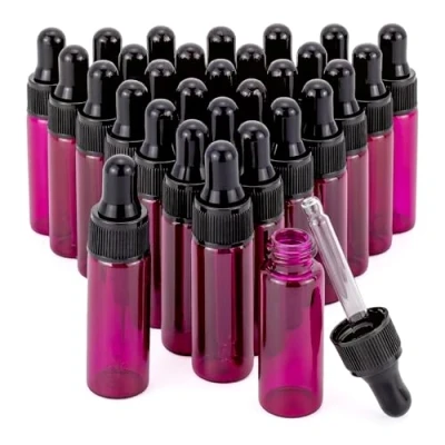 Imagen de 30 botellas de aceite esencial cabeza plástico negro 5 ml con gotero cristal rosa goteros cónicos y anillo negro, esencial, tratamiento.