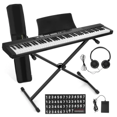 Imagen de Makamsui piano digital de tamaño completo 88 teclas, juego teclado eléctrico con teclas semipesadas, pedal sostenimiento, fuente alimentación, soporte, funda transporte,