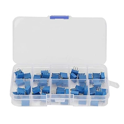 Imagen de 50 piezas 10 valores 100 Ohm a 200 K Azul Variable Resistor Trimmer Pot Surtido Kit Componente Electrónico 3296 W con Caja de Almacenamiento