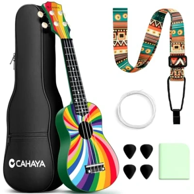 Imagen de CAHAYA Soprano Ukelele Para Niños De Cuatro Cuerdas 21 Pulgadas Madera Tilo Ideal Como Regalo Incluye Bolsa Transporte, Arcoíris