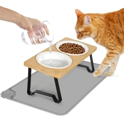 Imagen de Lannvan Comedero Gato Elevado,Comedero Gato,Comederos para Gatos Inclinación de 15 Ceramica con Soporte Bambú y Antideslizante Alfombrilla,2x350ml Comederos Bebederos Perros Pequeño