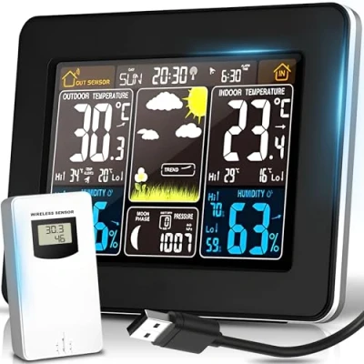 Imagen de Retoo estación meteorológica multifuncional con sensor exterior y pantalla LCD digital, inalámbrica sensor, barómetro, sincronización de tiempo alcance 60m (blanco)