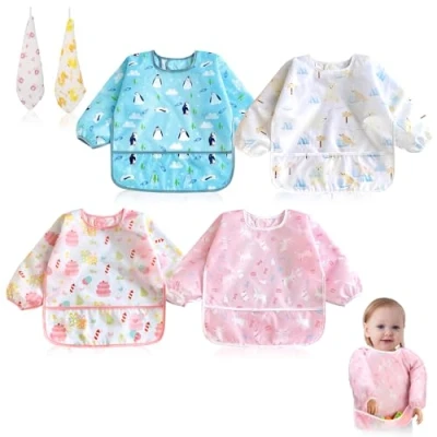 Imagen de Baberos Bebe Impermeables, 5 PCS con Mangas (incluye 2 Toallas de Mano), Babete Impermeável Bebe, Bolsillo Recoge Comida, Babero Impermeable para Bebé Niños Niñas 3 a 36 meses