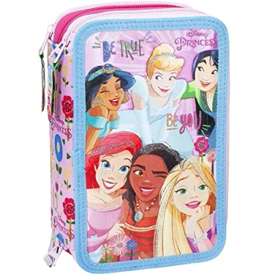 Imagen de Clondo Estuche Triple Lleno para Niñas, Princesas Fan, Plumier Triple, 45 Accesorios Primaria, 20cm, 3 Cremalleras, Compartimentos Organizados, La Sirenita, Rapunzel, Cenicienta