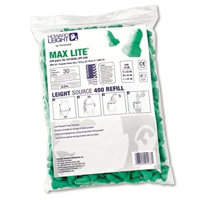 Imagen de Honeywell Howard Leight 1013048 Max Lite Paquete de Recarga Tapones para los Oídos Espuma un Solo Uso, SNR 34, Verde, Forma T, Sin Cordón (Bolsa Superior con Cremallera 200 Pares)