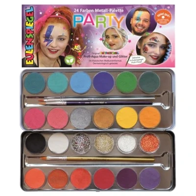 Imagen de Eulenspiegel 224212 Paleta de maquillaje Party, 24 colores, 3 pinceles, set vegano, infantil, carnaval [Exclusivamente en Amazon]