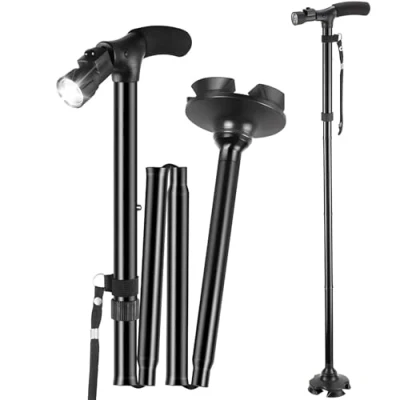 Imagen de ALFFREUDE Bastón Plegable con Luz LED, Bastones para Mayores, Plegables Hombres y Mujeres Base Antideslizante, Alturas Ajustables, Caña de Caminar Aluminio
