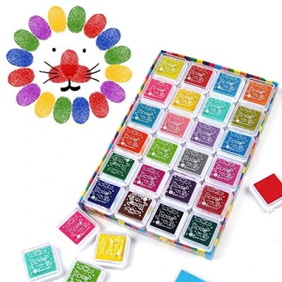 Imagen de Funxim 24 Colores Lavable Almohadillas de Sellos Safe no Tóxico Almohadilla Tinta para Madera Papel Tela arco iris sello tampón estampilla goma Scrapbooking tarjeta fabricación decoración Niños