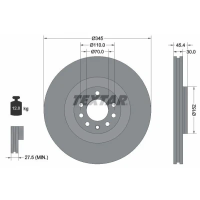 Imagen de TEXTAR PRO 92242403 Disco de freno 345 30 05/08 110 ventilación interna revestido sin perno sujeción rueda, buje rueda