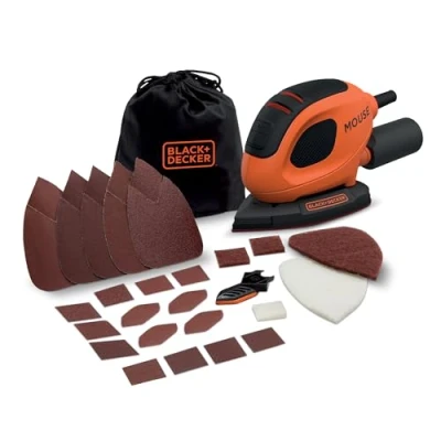 Imagen de BLACK+DECKER Lijadora de Detalle Mouse 55 W, Velocidad 11.000 RPM, Diámetro Orbita 1.5 mm, Fijación Papel Lija con Velcro, Incluye 10 Accesorios y Bolsa Transporte, BEW230BCA