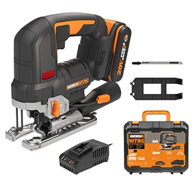 Imagen de Sierra de calar 20V WORX Power Share WX542 Potente motor sin escobillas 1 batería 2Ah, cargador y maletín 3 posiciones, penduleo tubo aspiración