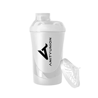 Imagen de AMITYUNION Shaker Deluxe proteína a prueba de fugas BPA libre y con la escala tamiz polvo suero cremoso sacude (blanco 800ml)