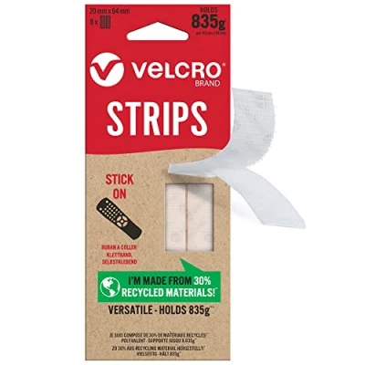 Imagen de velcro Marca Tiras adhesivas ecológicas autoadhesivas de fuertes sin tornillos, perfectas para decoración habitaciones y hogar, oficina, uso en garaje Blanco 20 mm x 64