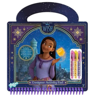 Imagen de libro de diseño WISH: para colorear Disney y actividades creativas con plantillas, pegatinas, mini bolígrafos gel, tapa dura encuadernación en espiral, fans