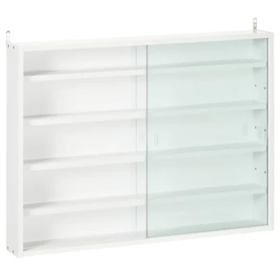 Imagen de HOMCOM Vitrina Expositora Coleccionista de Pared con 4 Estantes Ajustables y 2 Puertas Correderas Vidrio para Colecciones Figuras Decoración 80x9,5x60 cm Blanco