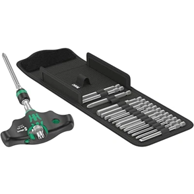 Imagen de Wera 05023471001 juego Kraftform Kompakt 400 RA Set 1, Portapuntas con mango en T función de carraca y puntas, 17 piezas, Negro