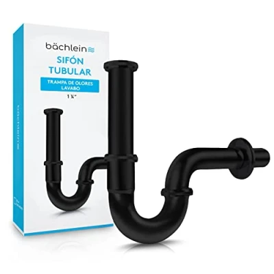 Imagen de Bächlein Sifón Tubular Negro Mate para Lavabos y Lavamanos (Extra Largo) Set de Desagüe Trampa con Instrucciones Instalación Tubo Desagüe, Tubería Universal