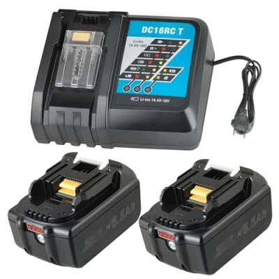 Imagen de Juego de 2 baterías repuesto 18 V 5,5 Ah para Makita + cargador DC18RC alto rendimiento con rápido 3 A BL1860B, BL1850, BL1840B, BL1830B, LXT400, 194205 3, 194309 1