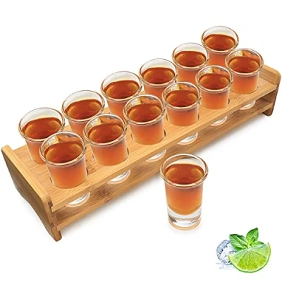 Imagen de Juego de vasos chupito, soporte cóctel madera y vaso organizador 12 agujeros con cristal transparente, whisky, brandy vodka ron en casa fiesta bar