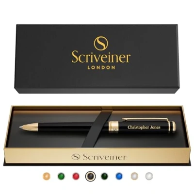 Imagen de Scriveiner pluma personalizada negro, de lujo con laca acabado en oro 24K, recarga tinta Schmidt, set regalo grabado ideal para hombres y mujeres, personalizado