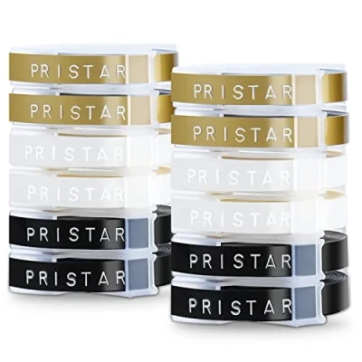 Imagen de Pristar Compatible Plástico Cinta 9mm x 3m Reemplazo para Dymo 3D Autoadhesivo Cintas Junior Omega Motex E 101 303, Blanco sobre Negro/Transparente/Oro 12 Pack