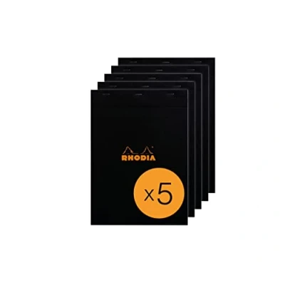 Imagen de RHODIA 182009C Bloc Notes Agrafé N18 Black A4 Petits Carreaux 80 Feuilles Détachables Papier Clairefontaine 80G Couverture en Carte Enduite Paquet de 5 blocs