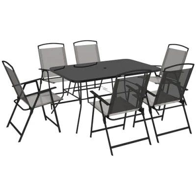 Imagen de Outsunny Conjunto de Muebles Jardín 7 Piezas Comedor Exterior con 6 Sillas Plegables y Mesa Orificio para Sombrilla Terraza Gris
