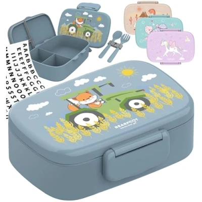 Imagen de BEARFOOT fiambrera infantil con compartimentos, sin BPA, bento, para niñas y niños, 100% hermética, guardería, escuela (Tractor Fuchs)