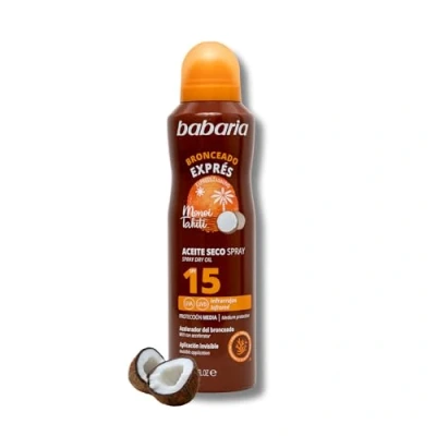 Imagen de Babaria Bruma Aceite Seco con SPF 15, Spray Acelerador del Bronceado, Protección Media Contra UVA, UVB e Infrarrojos, Aplicación Invisible y Absorción Inmediata, 100% Vegano 200 ml