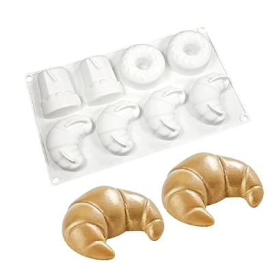 Imagen de molde de pastel Mousse silicona para hornear postre bricolaje vela jabón chocolate, 8 agujeros croissant y Donuts