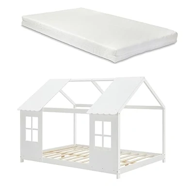 Imagen de [en.casa] Cama para Niños y Niñas en Forma de Casa con Ventanas Techo Infantil Colchón Somier máx. 200 kg Montessori 140 x cm Madera Pino Blanco