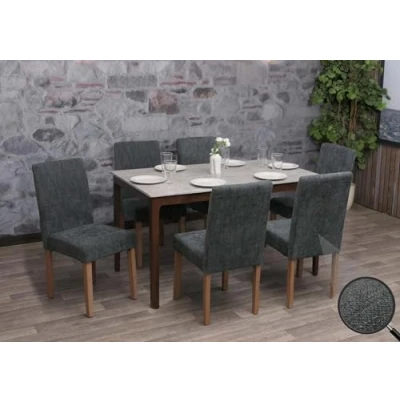 Imagen de Juego de 6 sillas comedor Littau, silla cocina con respaldo alto, tela y chenilla, color gris oscuro, patas natural