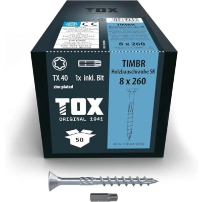 Imagen de TOX tornillos para construcción de madera TIMBR SK 8,0 x 260 mm, azul galvanizado con cabeza avellanada, TX40, 50 piezas por caja, incl. 1x broca, 1120404180260