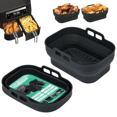 Imagen de Alyvisun Molde Silicona Freidora de Aire, 2 Piezas Moldes Air Fryer Reutilizable Utensilios Bandeja Aire Doble Cesta Recipiente Airfryer Formas Cestillo Base para Microondas, Horno (Negro)