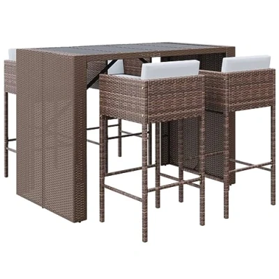 Imagen de vidaXL Set de Bar para Jardín 5 Piezas y Cojines Mesa Silla Asiento Patio Terraza Barra Bistró Muebles Mobiliario Ratán Sintético Marrón