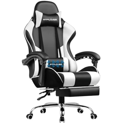 Imagen de GTPLAYER Silla Gaming con Masajeador Ergonómica Gamer Reposapiés Reposacabeza, de Oficina Ergonómica, Soporte Lumbar, Juego Ajustable en Altura, Blanco