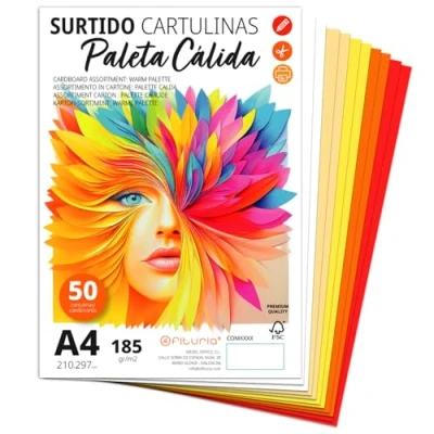 Imagen de Cartulina A4, Cartulinas de Colores, 185g/m2 para Manualidades, Educación, Hogar, Arte o Empresas, Colores A4 Surtidos Ofituria (50 Cartulinas, Surtido Cálido)