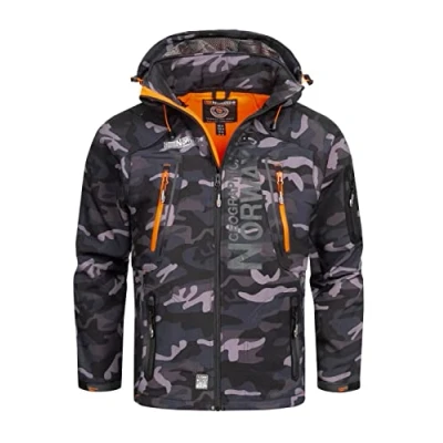 Imagen de Geographical Norway Techno Men Distribrands Chaqueta Softshell Impermeable Hombres Capucha Hombre Transpirable Exteriores Invierno Viento (CAMO Negro/Naranja S)