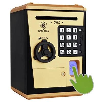 Imagen de Fimleiy Kids Safe Bank con contraseña de 4 dígitos y confirmación huella dactilar: un regalo divertido práctico para cumpleaños, Navidad días festivos (oro).