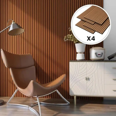 Imagen de NEU.HOLZ Set de 4x Paneles Pared Acústicos Revestimiento Paredes Listones Decorativos en MDF y Fieltro 120 x 60 2 cm (2,88 m²) Color Teca