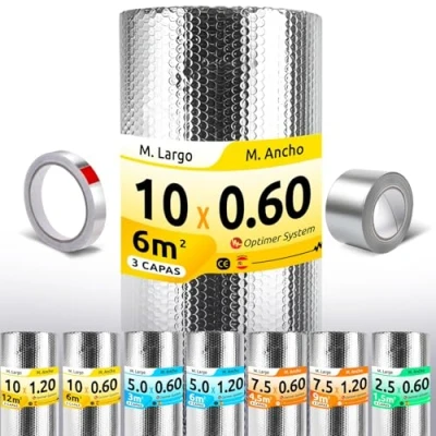 Imagen de Aislante Termico MULTIUSOS Reduce el Frio y Calor Rollo Reflexivo para Buhardilla,Ventana, Pared, Suelo, Techo, Coche, Garaje, Camper 10x0.60m 6m² + 2 cintas adhesivas
