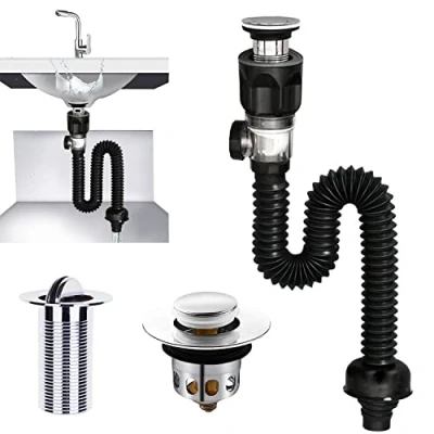 Imagen de Kits Desague Lavabo, Sifon Fregadero, Manguera de Drenaje Flexible, Extensible 300 955 mm para Baños, Cocinas (Negro)