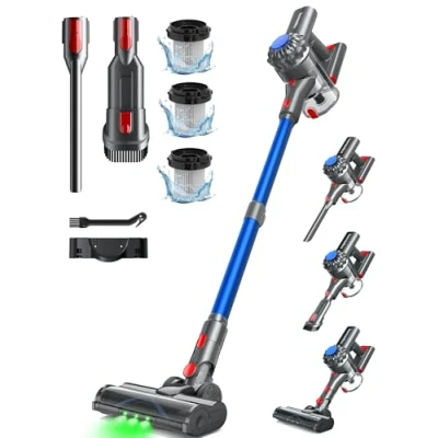 Imagen de 50Mins Aspiradora sin Cable, 40KPA Aspirador 350W Escoba Cable con Cepillo para Suelos Mejorado, Vertical LED Verde, Suelo/Pelos de Animales, Azul