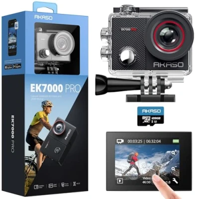 Imagen de AKASO EK7000 Pro cámara Deportiva 4K con Tarjeta microSDXC 128GB, 20MP WiFi de acción Pantalla táctil, EIS estabilizador, Control Remoto, 170, ángulo Ajustable, Impermeable 40M