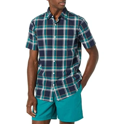 Imagen de Amazon Essentials Camisa de Popelín Manga Corta y Ajuste Entallado Hombre, Azul Marino Verde Cuadros Escoceses, M
