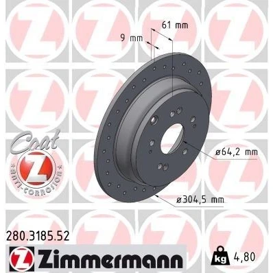 Imagen de ZIMMERMANN Disco de freno HONDA: CR V 2, 5 304mm 9mm 10/5 5Taladro(s) 114mm macizo, perforado revestido 280.3185.52 42510S9AE50,42510SCAE50
