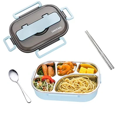 Imagen de amropi Acero Inoxidable Fiambrera Contenedores de Alimentos Apta para lavavajillas Bento Comida Caja Almuerzo con Cuchara(Azul,5 Compartimentos)