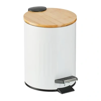 Imagen de Relaxdays Cubo de Basura Baño 3 litros, Papelera Redonda, Tapa Soft Close Bambú, con Bote Interior Extraíble, Blanco, 23,5 x 17 21,5 cm