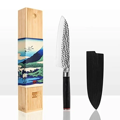 Imagen de KOTAI cuchillo Santoku del chef de cocina profesional Hoja 18cm afilado a mano Acero inoxidable japonés ultra 440C Mango madera Pakka Tang oculto completo
